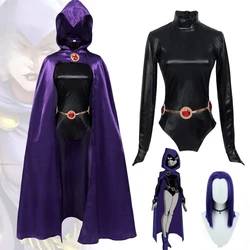 Disfraz de cuervo de Anime para mujer, traje de Cosplay de superhéroe Titans, mono con capa y cinturón, peluca negra, uniforme de fiesta de Carnaval