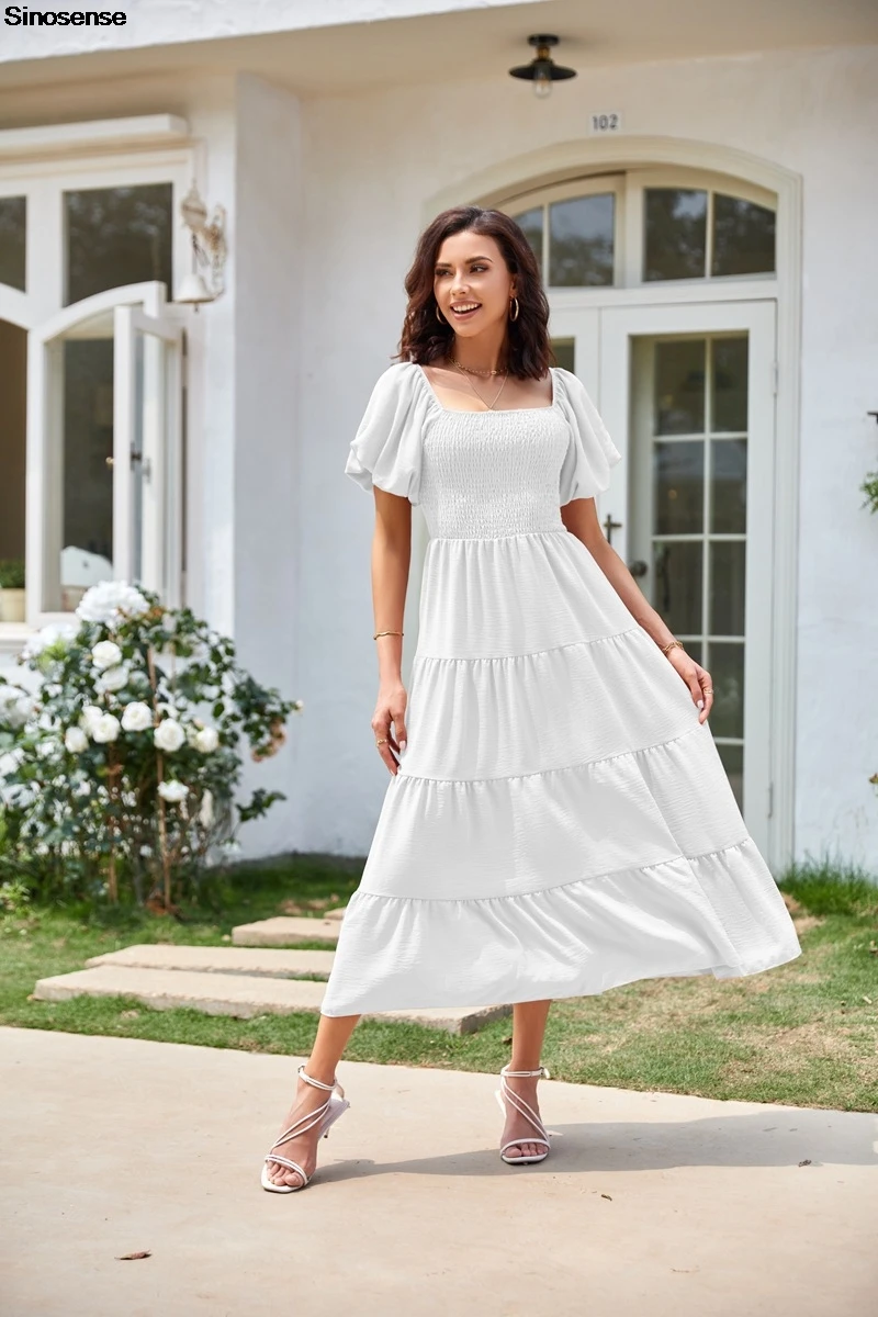 Vestido largo de manga corta con cuello cuadrado para mujer, maxivestido escalonado, holgado, bohemio, para playa y fiesta de invitados de boda