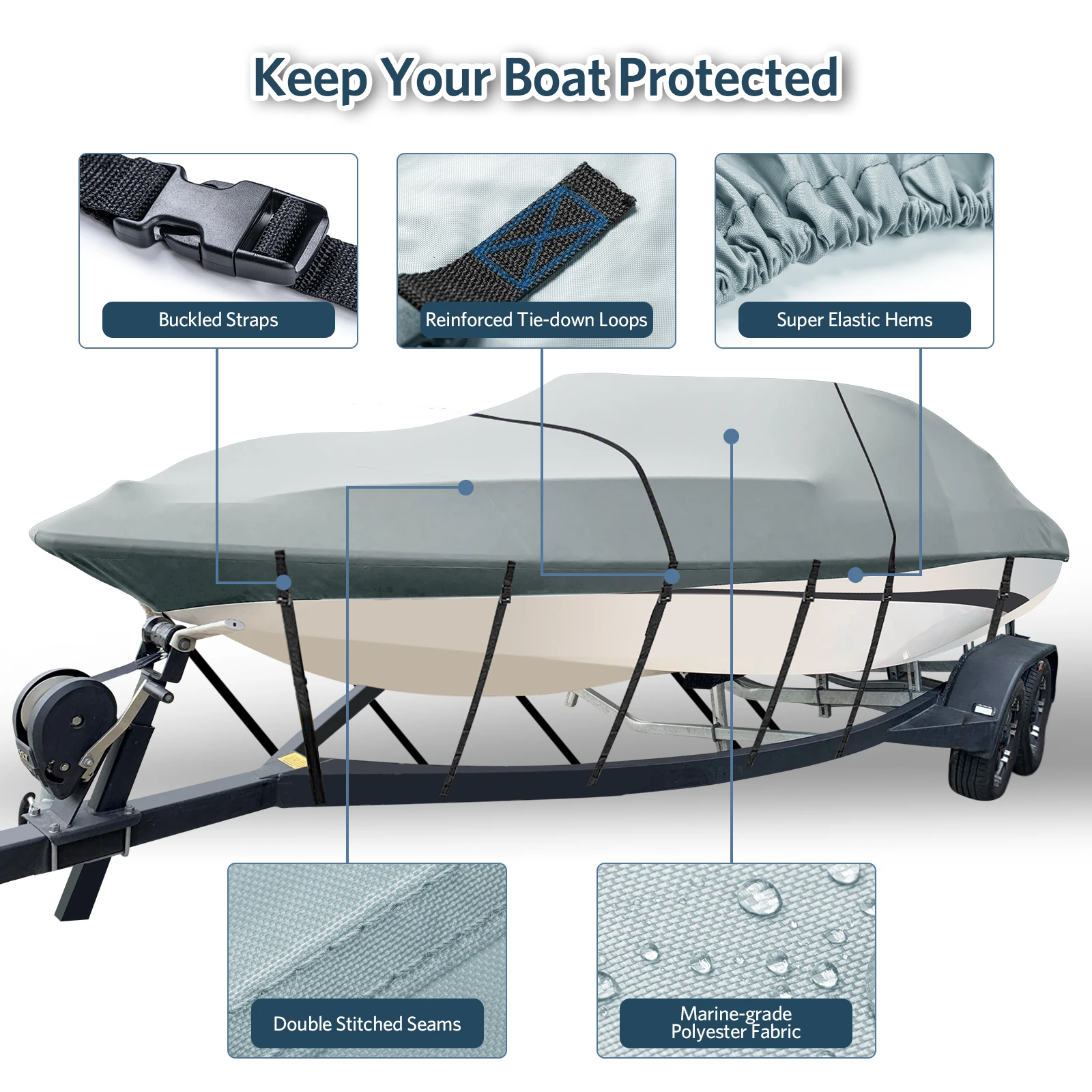 Trailerable Boat Cover 100% Waterproof UV Tear Resistant for V-Hull Runabout Bass Fish Ski Boats with Reinforced Straps
