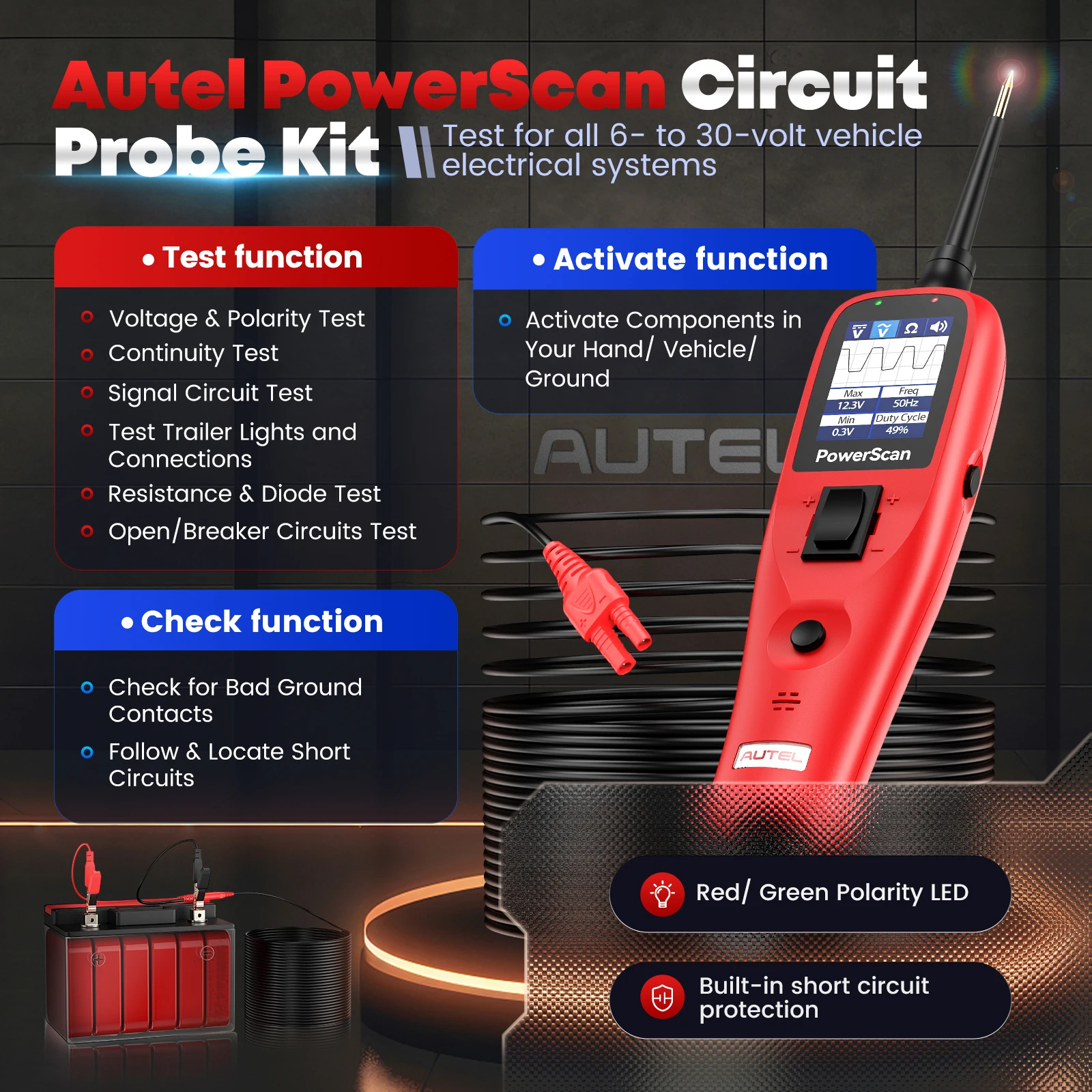 Autel PowerScan PS100 12V 24V Electrical System Auto Circuit Tester Power Probe BMS Short Open Finder Car Repair Diagnosis Tools view 2