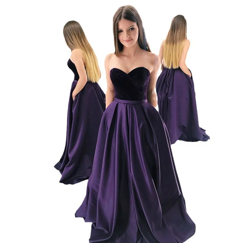 심플한 스트랩 슬림 이브닝 드레스 웨딩 드레스 실크 라운드 넥 봄 루즈 웨이스트 캔디 연례 모임