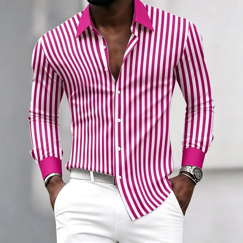 Men's long-sleeved collared shirt with black and white vertical stripes, contrasting collar and cuff design, neat and slim fit. view 3