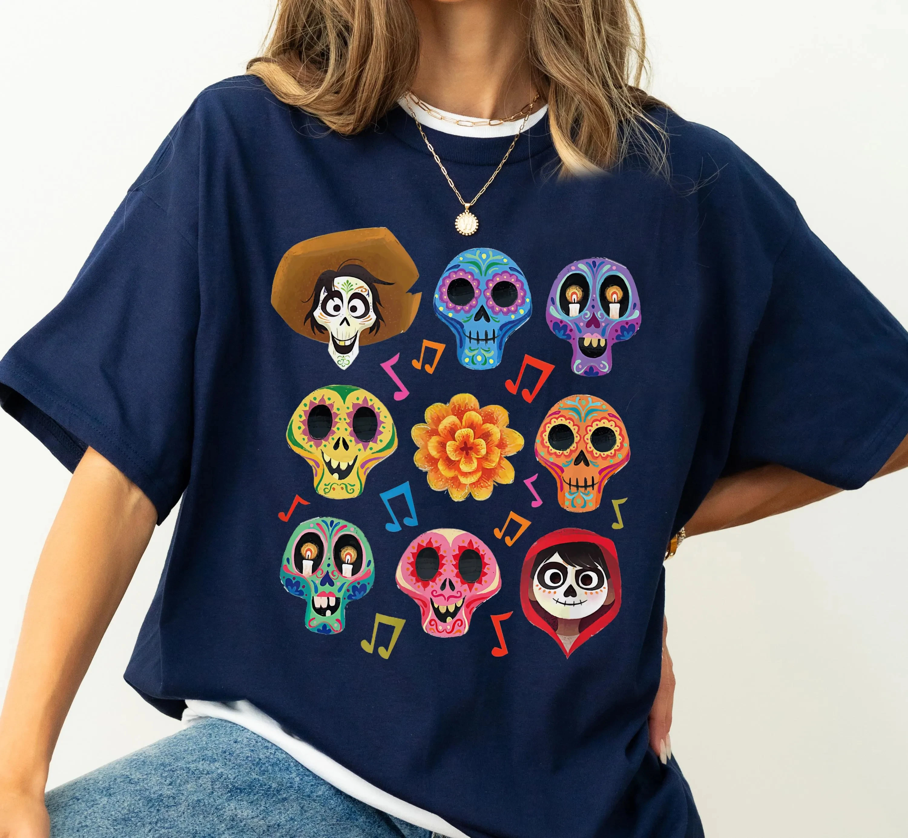 ديزني كوكو شخصية شبكة السكر الجماجم تي شيرت ديزني كوكو هالوين مطابقة قميص ديزني النساء الرجال كوكو قميص