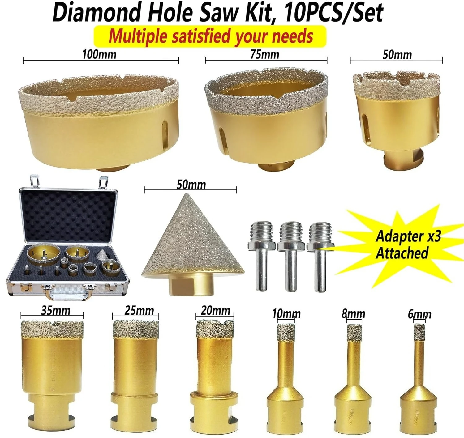 ZZH Dry/Wet Diamond Hole Saw Kit, Porcelain Tile Core Drill Bits Set Cutter for Ceramic Marble Brick Granite Stones Angle Gri