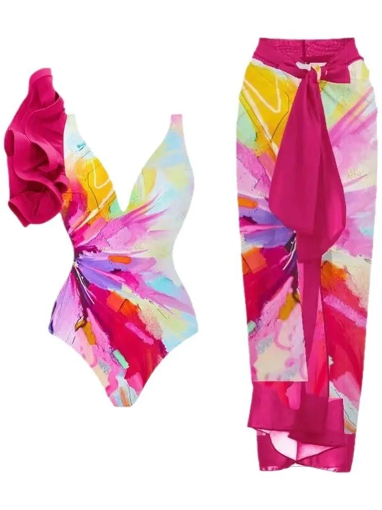 Retro Bikini Printed Fashion Two Piece Swimsuit And Cover Up With Skirt Tight Women's Bandage Summer Beach Luxury Elegant