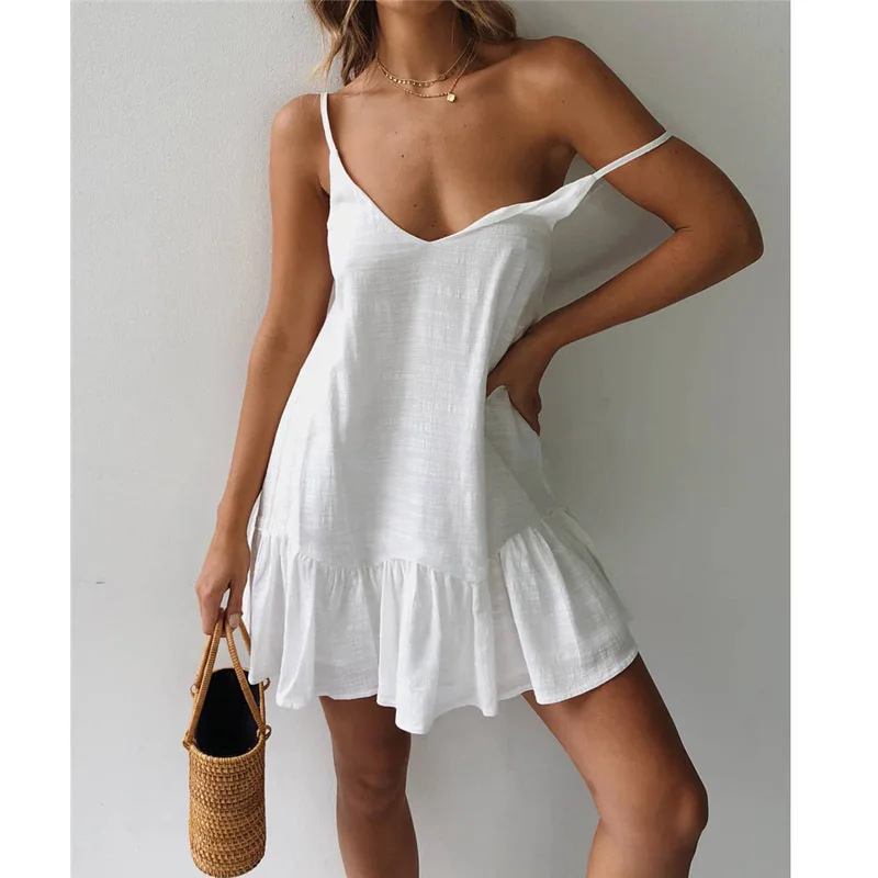 Zomer Katoenen Linnen Jurk Dames Elegante Mouwloze Spaghettibandjurk Vrouwelijke Mode Ruches Vetersluiting Casual Losse Mini Dresse