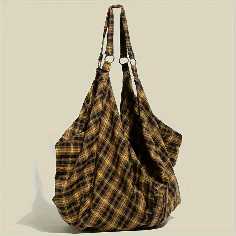 Vintage Plaid Canvas Tote Women LargeCapacity Korean Fashion Travel Shoulder Bag forWork Shopping Aesthetic Designer