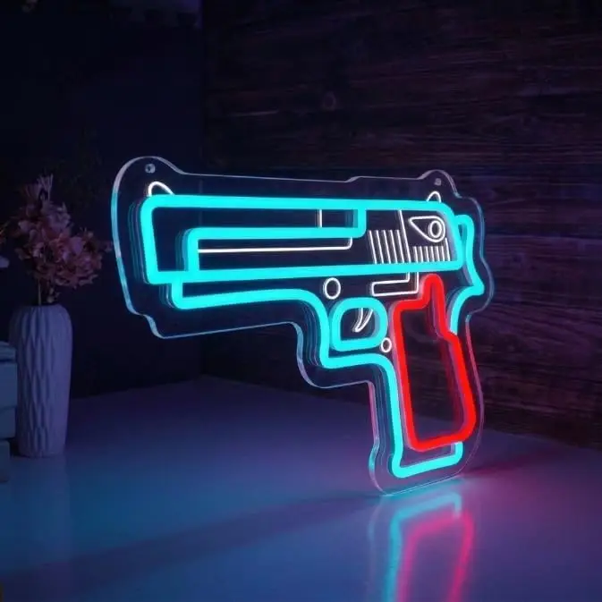 Retro Pistol Shape LED Neon Sign USB Powered Neon Light for Man Cave Bar Pub Game Room Christmas Bedroom Wall Art Decor Gift