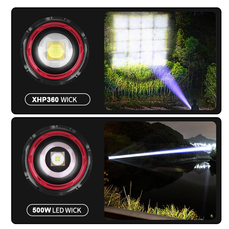 9900000000LM XHP360 Flashlight LED 500W White Spotlight Zoom Strong Light Long Shot Outdoors Metal SwitchHot OLED Power Display