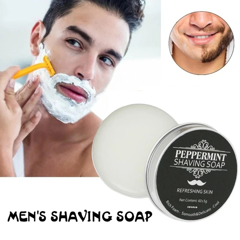 60g Handmade Aluminum Box Packed Beard Balm Men Solid Peppermint Shaving Soap for Face Beard Cleansing Moisturizing & Refreshing