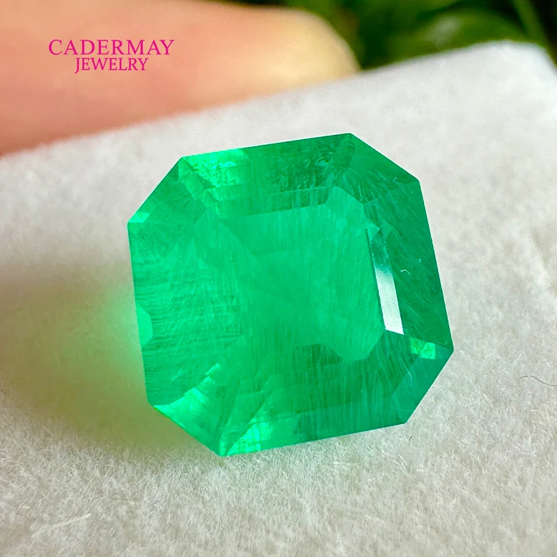 Cadermay Asscher Square Cut #2 Green Color Hydrothermal Lab Grown Vivid Green Emerald With Inculsions for Jewelry Making