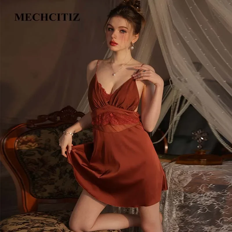 MECHCITIZ Sexy Nightgowns Women Nightdress Lace Pajamas Satin Lingerie Nightwear Female Summer Sleepwear Sleeping Night Dress