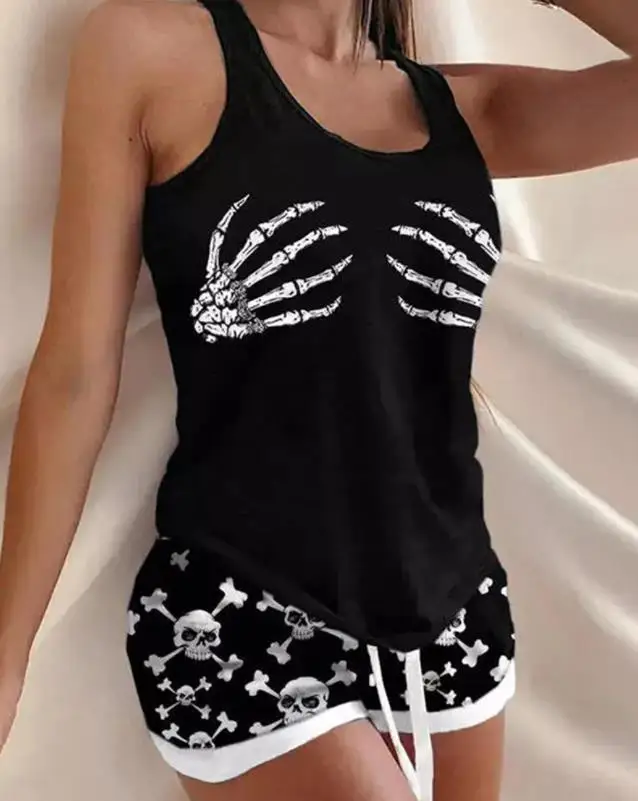 

Women Pajamas 2 Pieces Halloween Skull Hands Print Casual U-Neck Sleeveless Top & Drawstring Above Knee Pajamas Set 2022 Summer