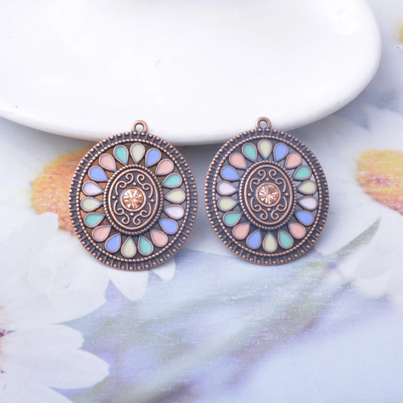 10 Stück Emaille-Oval-Blumenanhänger aus Legierung, bunt, antikgoldfarben, im böhmischen Stil, Anhänger für DIY-Schmuckherstellung, Ohrringe. – Detail 6