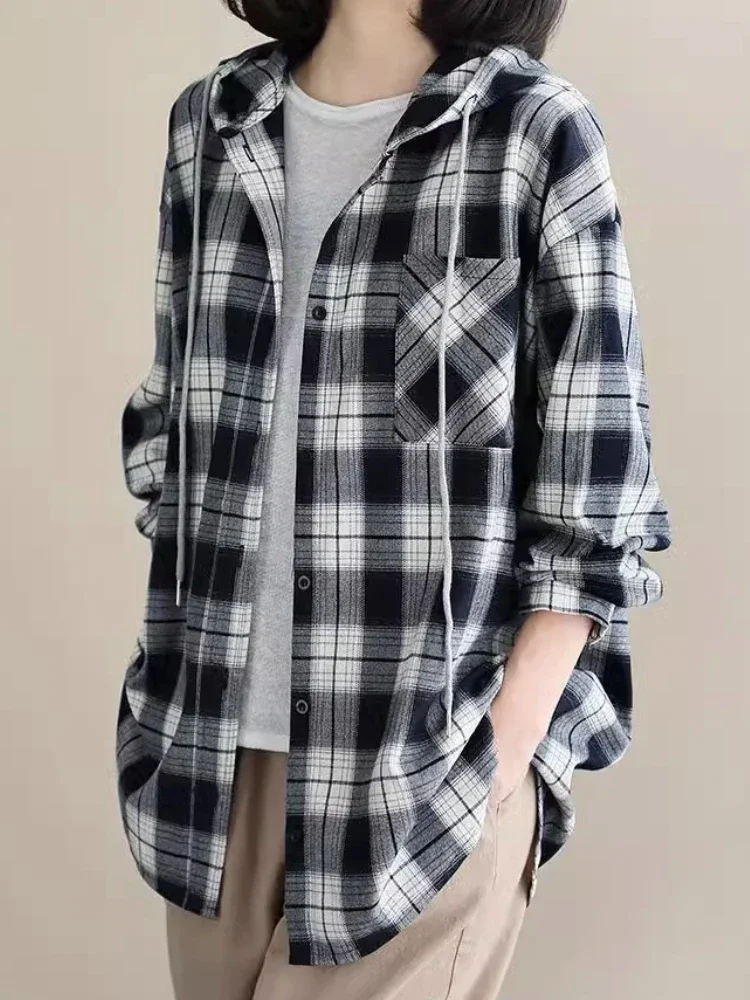 Top Women Clothing Checkered Shirt Hooded Cardigan Jacke Loose Top Ladies Versatile T Korean Style Streetwear Spring Summer Y2k