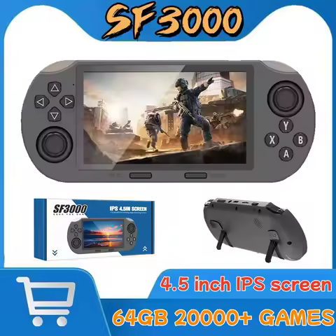 SF3000 휴대용 휴대용 게임 플레이어 4.5 인치 IPS 스크린 레트로 비디오 게임 콘솔 PS1/GBA/SFC/MAME 용 20000 + 게임 내장