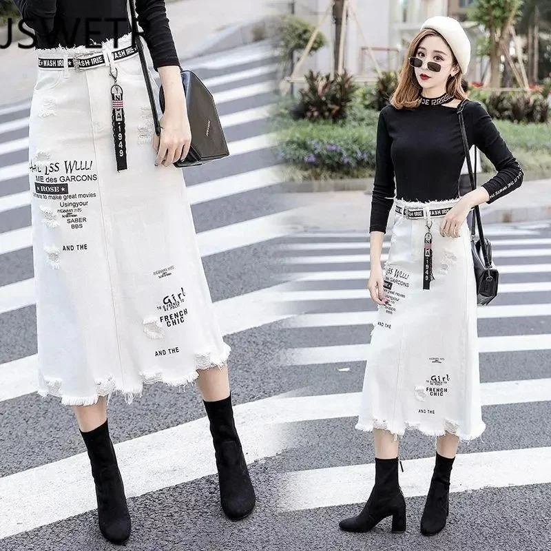 Spring Autumn Ripped High-Waisted Denim Skirt Women's Plus Size Loose Burr Hip Mid-Long Fashion Letters One-Step Skirts Female