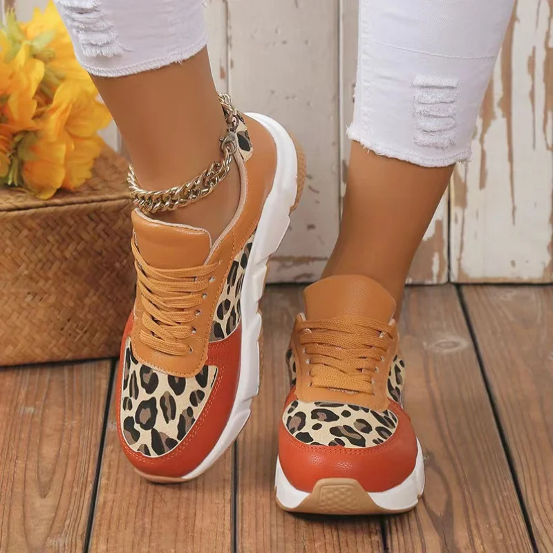 Women Casual Sneakers Women Autumn New Casual Leopard Round Toe Lace-Up Running Shoes Platform Vulcanized Shoes Plus Size 43