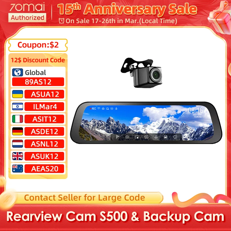 70mai S500 Rearview Dash Cam 9.35'' Touch Screen 3K Super Capacitor Dual-Channel HDR Voice Control 24H Parking Surveillance