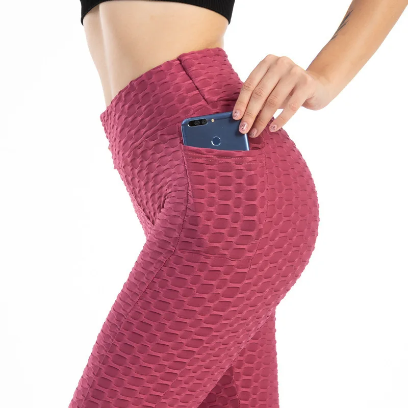 Legginsy damskie z wysokim stanem, modelujące biodra, elastyczne, wyszczuplające, z kieszeniami, typu bubble pants, do ćwiczeń na siłowni, biegania, jazdy na rowerze i fitnessu.