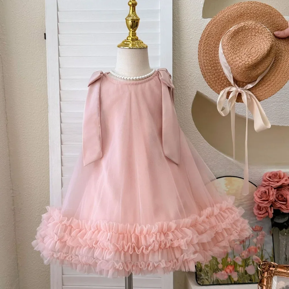 Bow Decoration Sleeveless Vest Dress Pink Girls' Clothes Summer Mesh Princess Dresses Birthday Wedding Party Children's Clothing