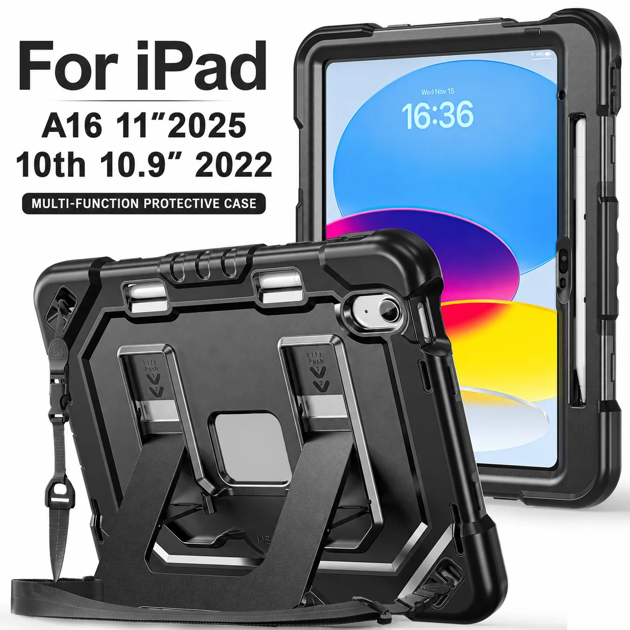 Shockproof Armor Case For iPad 10th 2022/11th 2025 Built In Pencil Holder Hand Shoulder Strap Cover Kickstand Military Grade