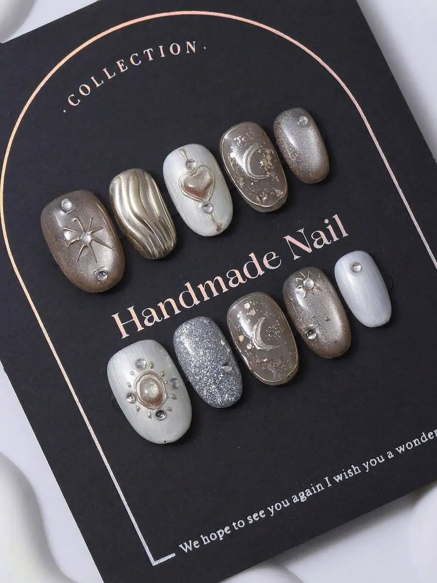 

10pcs/Set Handmade Press On Short Oval Nail Caps In Y2K Apricot Color & 3D Hand Painted Heart Design. Hand Drawn Octagonal Star