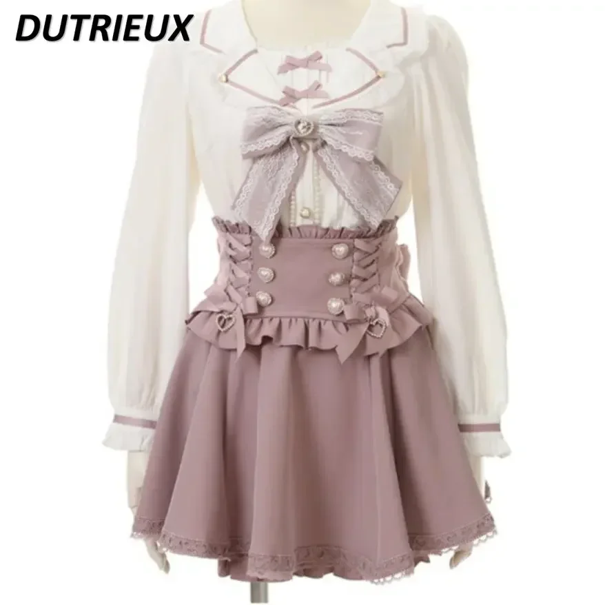

Lolita Japanese Style Ribbon Bow Diamond Pearl Buckle Removable Short Suspender Skirt women Girls Sweet Cute A-line Mini Skirts