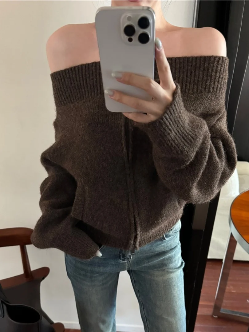 

Korean Sle Spicy Girl One oulder Sweater Open Cardigan Coat Women's Autumn Winter New Loose Lazy Design Long Sve Top