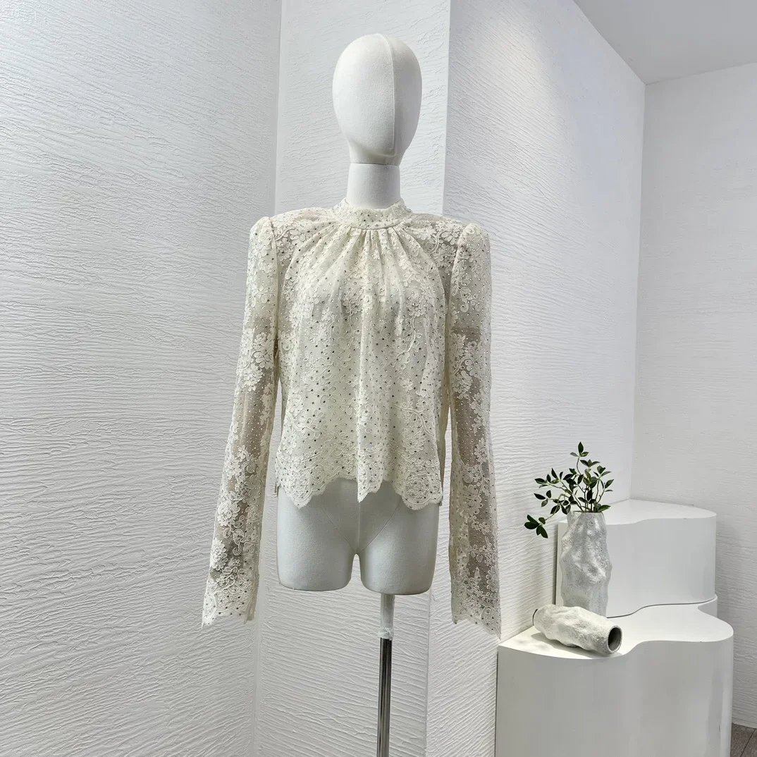 

Women Lace Patchwork See Through Tops Irregular Hem Long Sleeve Stand Collar Diamonds Hook Flower Blouse 2024 New Design