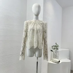 Women Lace Patchwork See Through Tops Irregular Hem Long Sleeve Stand Collar Diamonds Hook Flower Blouse 2024 New Design