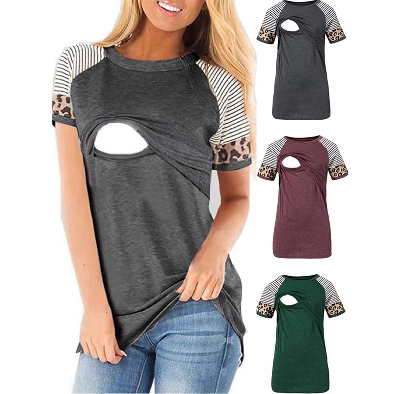 

Women Maternity Breastfeeding Tee Nursing Tops Leopard Print Panel Short Sleeve T-shirt Plus Size S-2XL Maternity Clothing Tees