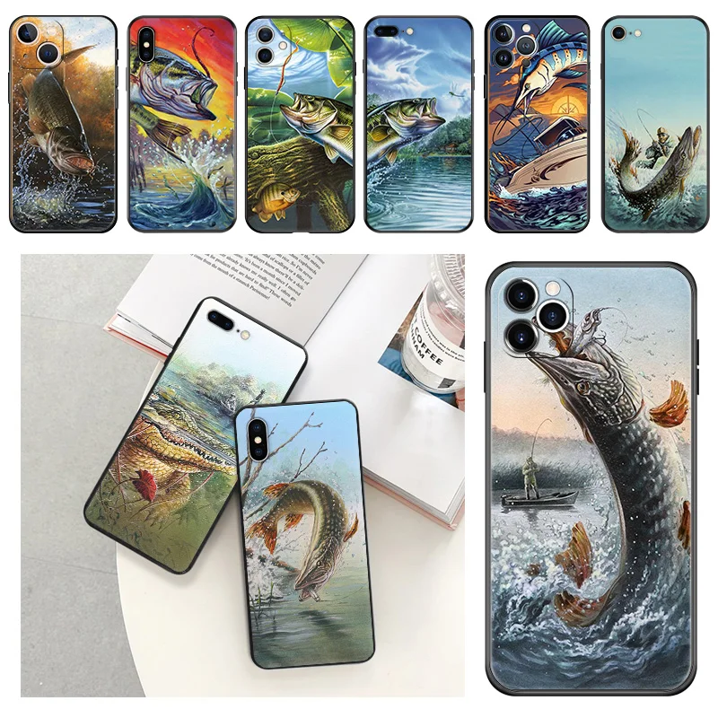 Phone Case For iphone 16Plus XR XSMax 15 14 13 12 11 16 Pro Max Mini 7 8 Plus 15Pro Carp Fishing Art Black Soft Protective Cover