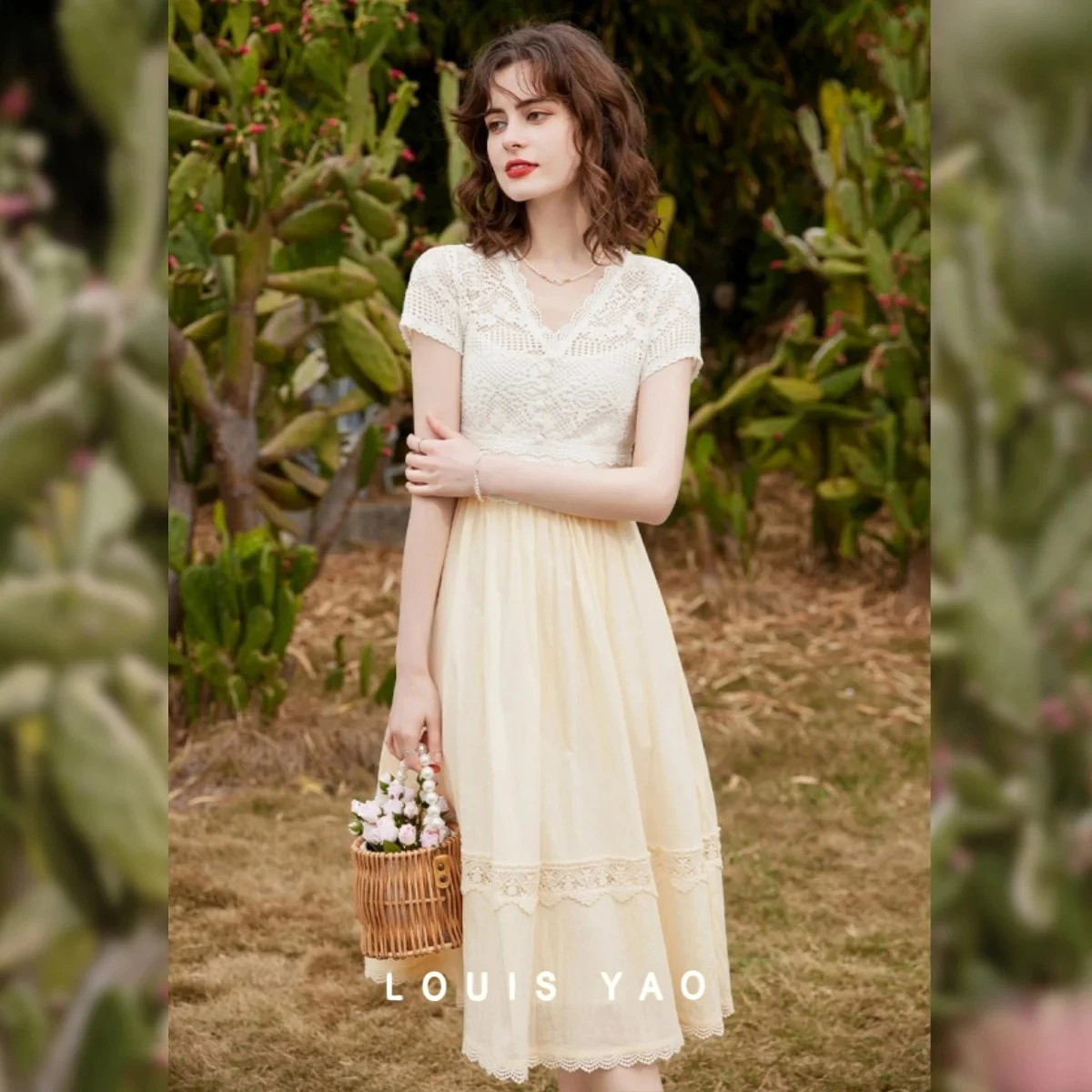 

LOUIS YAO Elegant Lace V-Neck Women Dress 2025 Summer Short Sleeve A-LINE Slim Fit Long Apricot Evening Long Dress