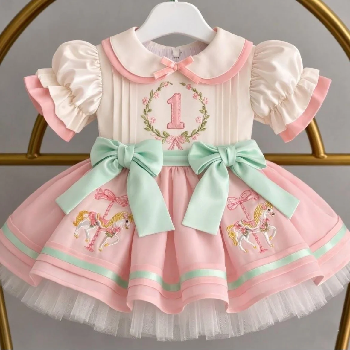 Summer Birthday Party Clothing for Girls, White Pink  Vintage Princess Dress with Carousel Embroidery+Two Bows Design B581