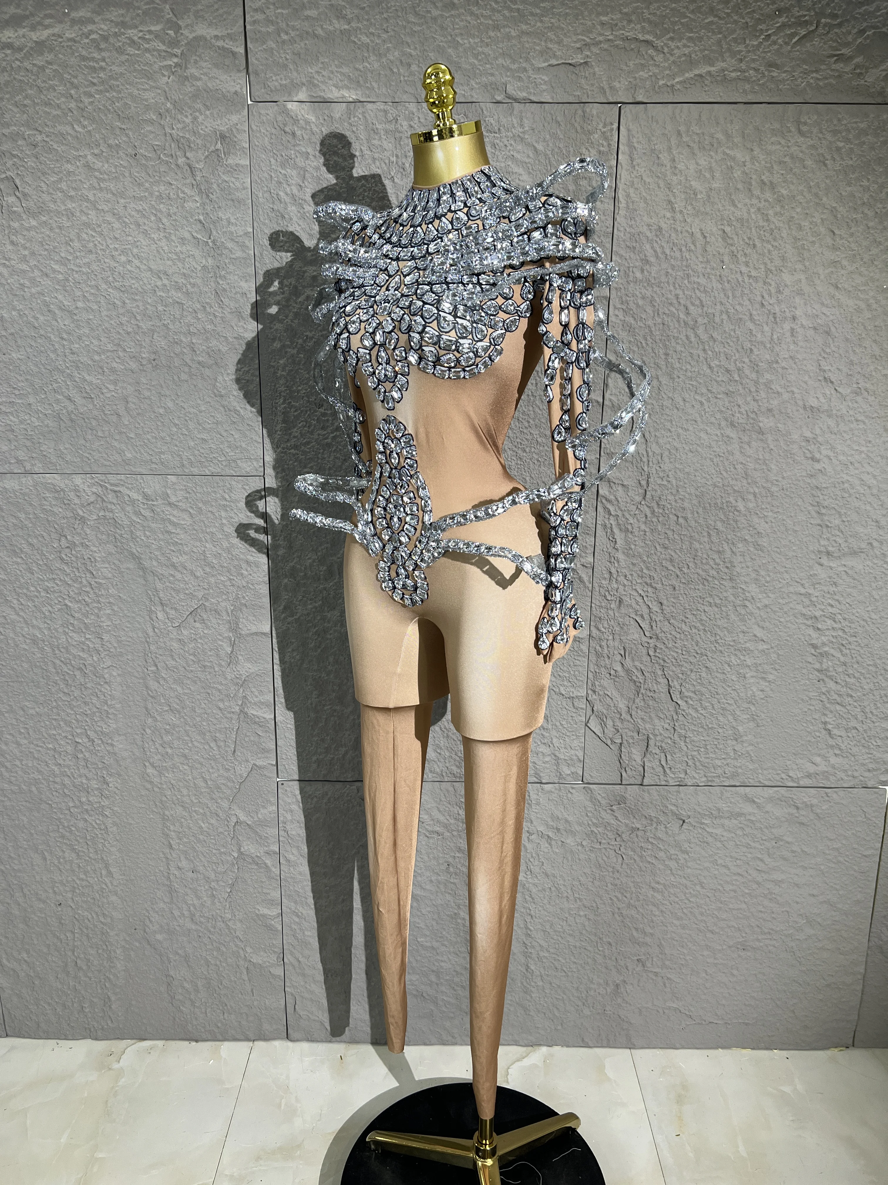 Women Silver Rhinestone Mesh Bodysuit 3DWing Shoulder Decor Cut-Out Full BodyCostume With Gloves Stage Show Pageant Club Outfit - view 6