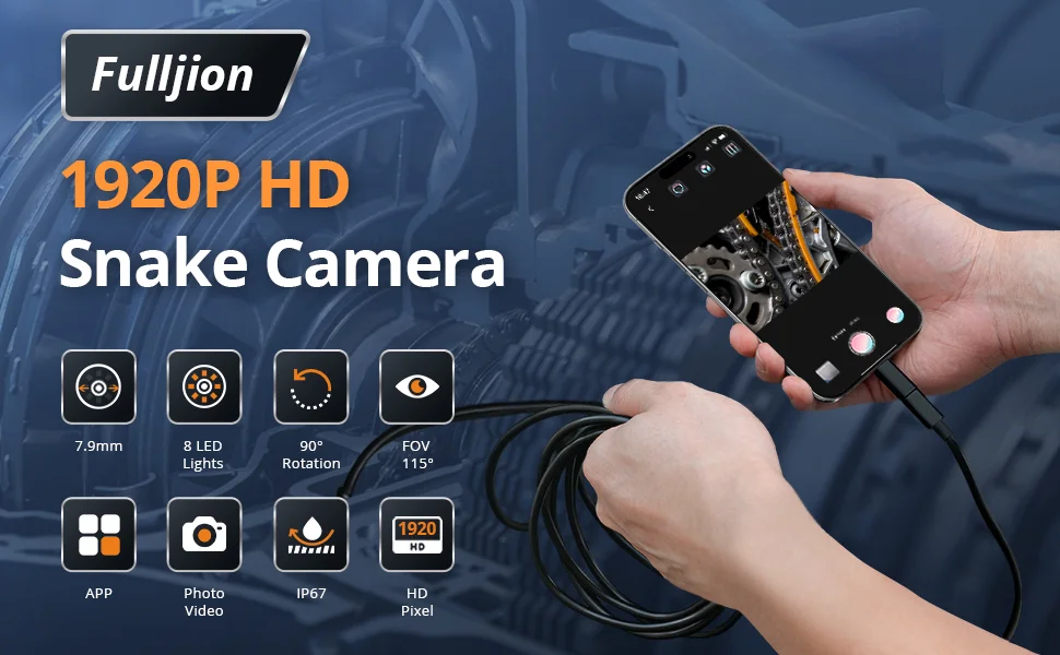 1920P HD Endoscope Camera with Semi-Rigid Snake Borescope, 8 Adjustable LED Lights, IP67 Waterproof Inspection for iOS & Android
