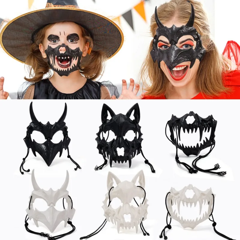 Halloween Cosplay Mask Adjustable Strap Tiger Devil Human Skeleton Thrilling Masks Halloween Paintable Plastic Facepiece Props