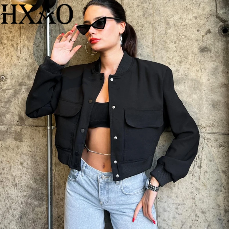 

HXAO Women's Jackets Coat Demi-Season New In Bomber Jackets Long Sleeve Cropped Black Jacket Button Casual Aviator Jacket Woman