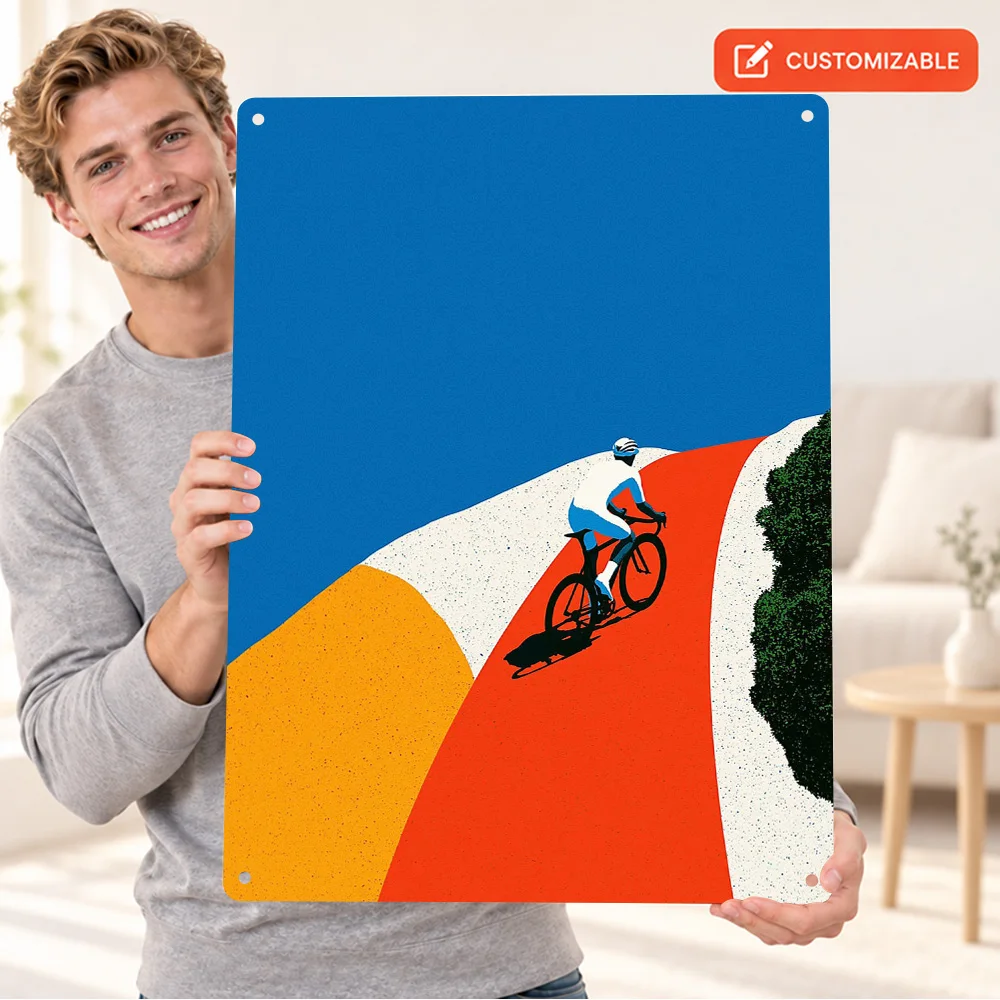 Cyclist Climbing A Vibrant Hill Textured Metal Poster Personalized Aluminum Sign Graphic Illustration Wall Art For Bike Workshop