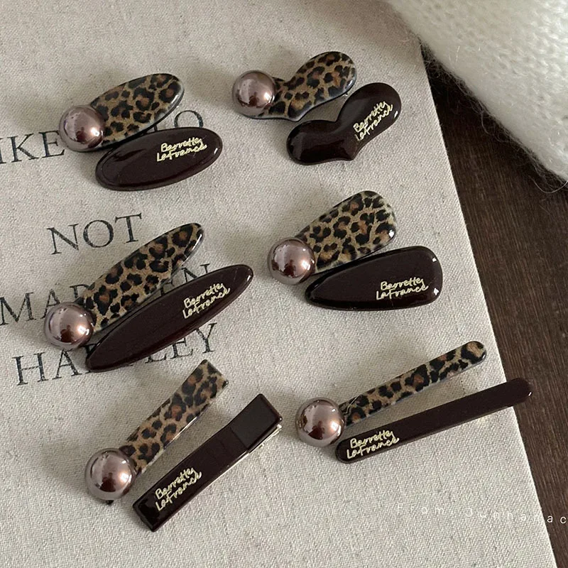 French leopard print chocolate hairpin duck bill clip coffee pearl hairpin fashion edge clip women's hair accessories