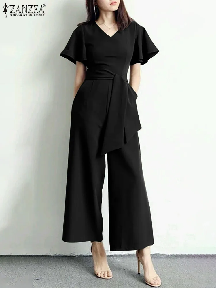 2024 ZANZEA Fashion Women Wide Leg Jumpsuits Summer V Neck Short Sleeve Rompers Elegant OL Casual Playsuits Solid Work Overalls