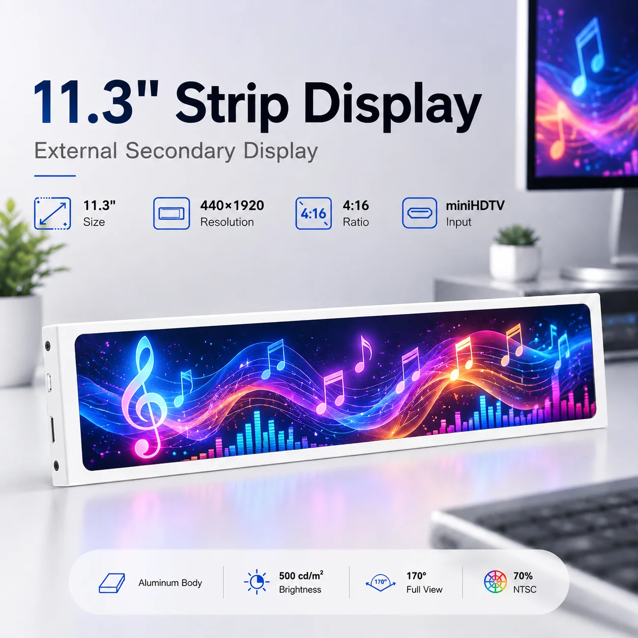 LESOWN 6.9 7.9 8.8 11.3 Inch Strip Display 440x1920 White IPS mini HDTV AIDA64 PC Sensor Panel for DIY