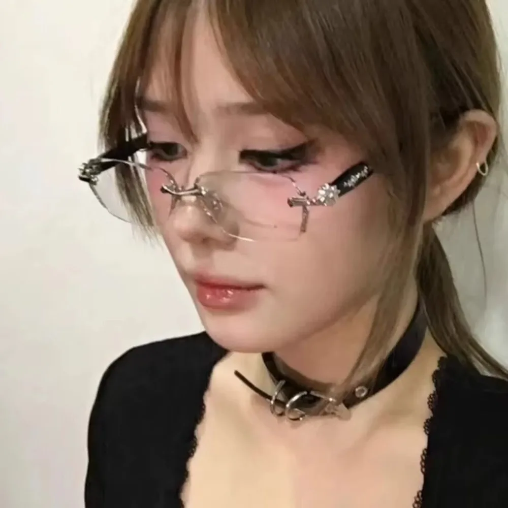 Y2K винтажные безрамные очки с обрезанными краями, защита глаз, очки с защитой от синего света, металлические очки для путешествий