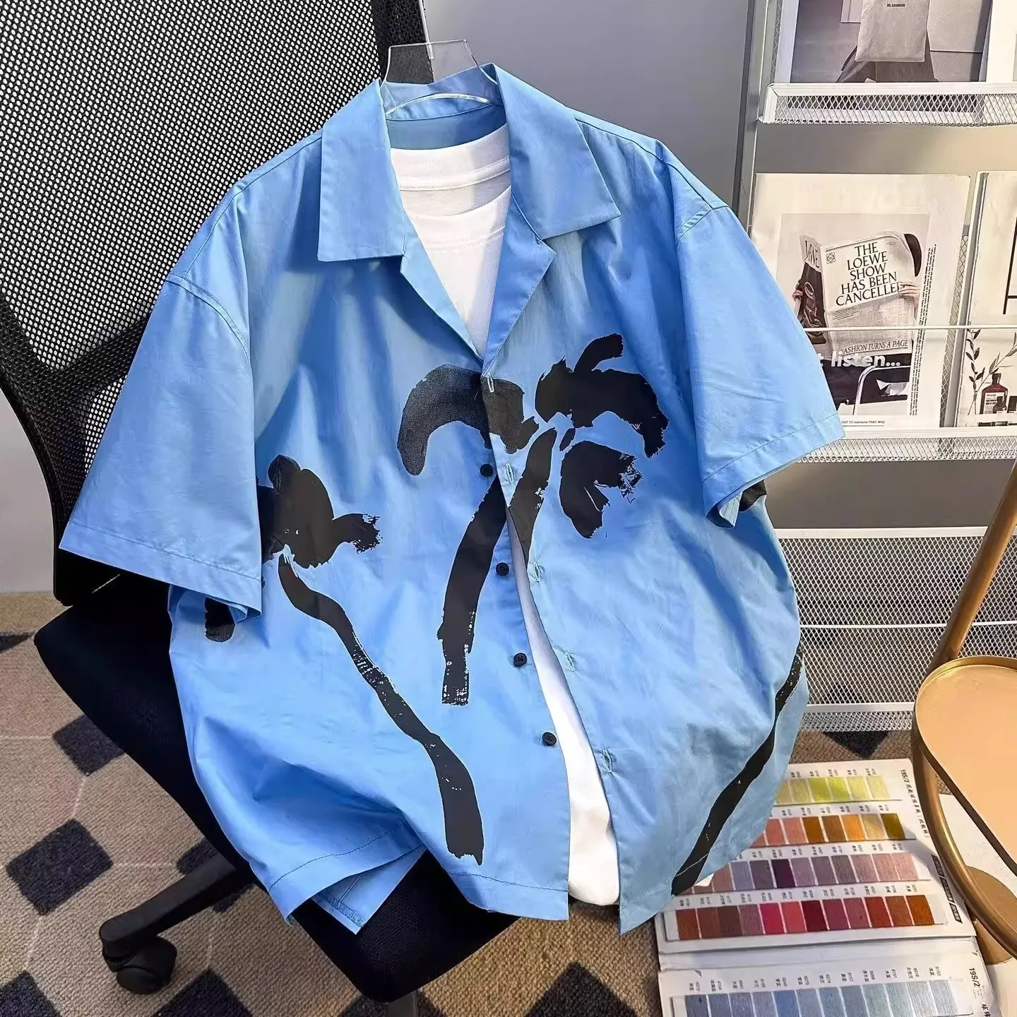 

Blue Casual Cotton Short Sleeve Shirt Men's Summer Vacation Style Retro Hong Kong Style Printed Large Size 300 Pounds