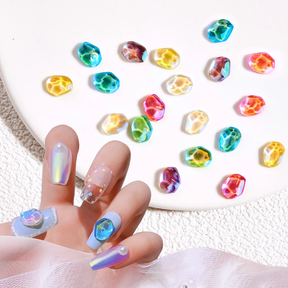 50Pcs/Pack Aurora Ice Cube Crystal Nail Rhinestone 8X10MM Flatback Candy Color Nail Diamond Water-Ripple Glass 3D Nail Stones -1