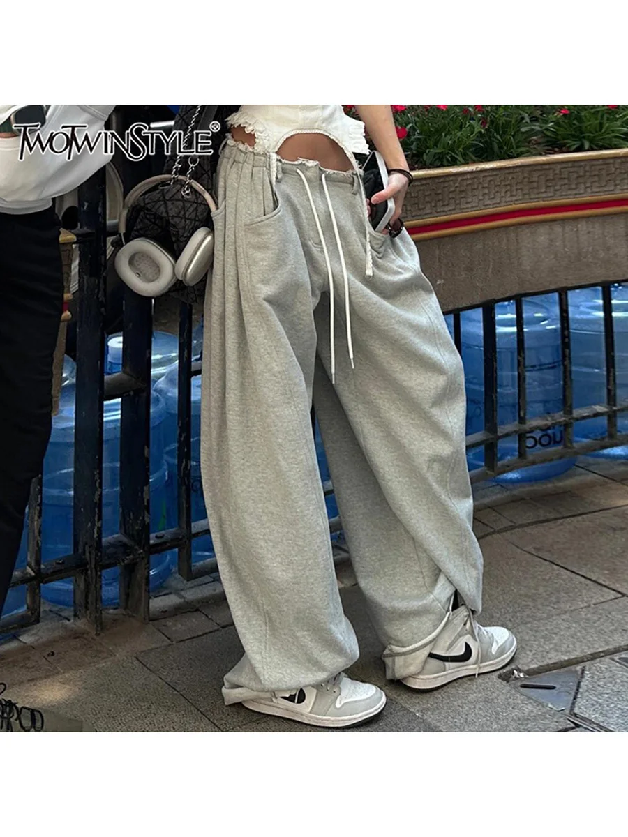 TWOTWINSTYLE Solid Spliced Lace Up Loose Pants For Women High Waist Temperament Minimalist Wide Leg Pant Female Fashion Style