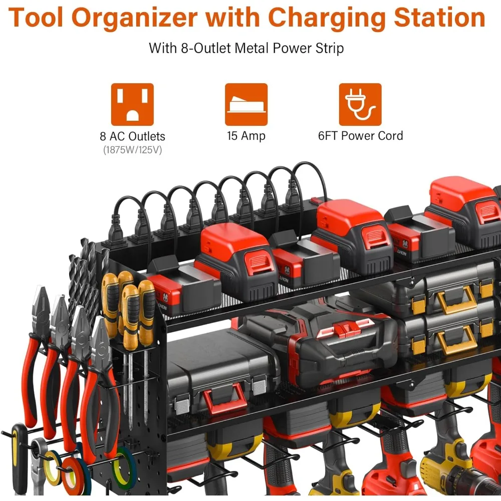 JUNNUJ-organizador de herramientas eléctricas de tablero grande con estación de carga, controlador de 8 taladros y soporte de batería para herramientas, montaje en pared