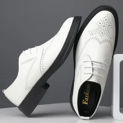 2023 Men Formal Shoes White Leather Business Casual Shoes Fashion Man Shoe Dress Office Wedding Brogue Shoes Social Shoe Male