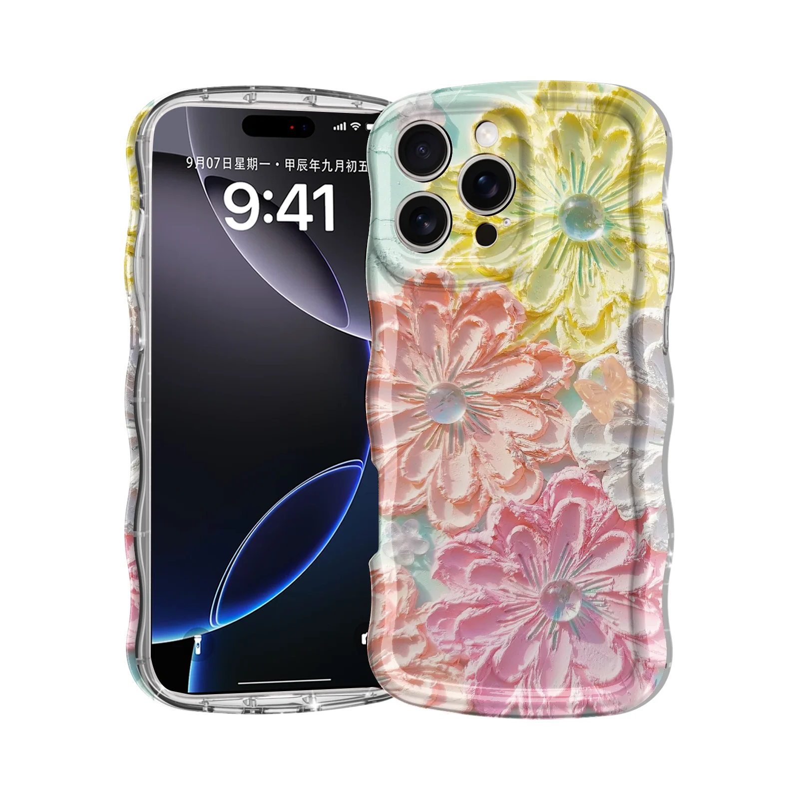

Shockproof Painting Flower Floral Hard Case For iPhone 16 Pro Max, Slim Cute Wave Soft Edge Camera Protection Phone Cover Funda